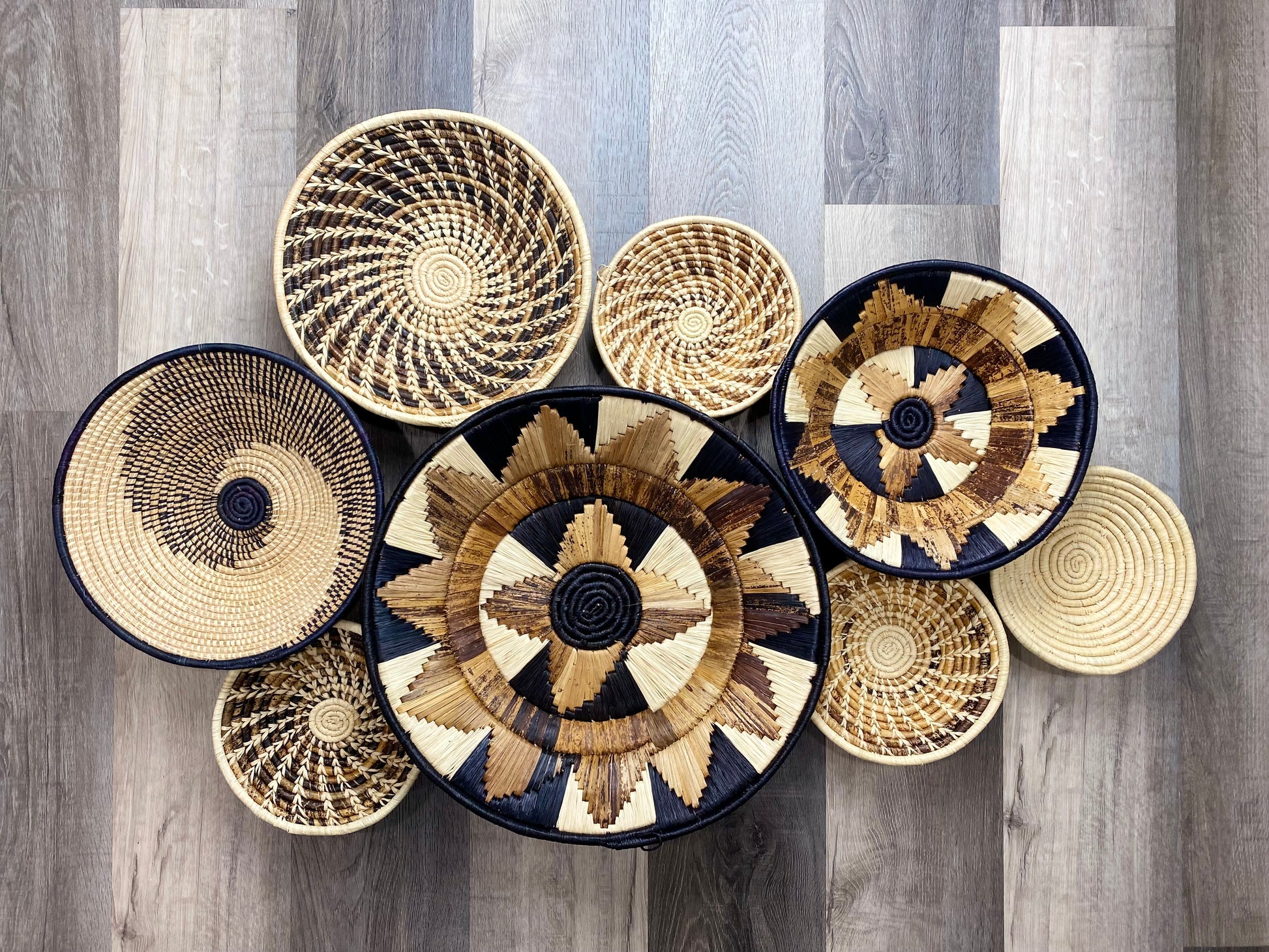 Moon’s Assorted Set of 8 African Baskets 7.5”-16” Wall Baskets Set, Wall hanging decor, African wall basket, Boho wall art