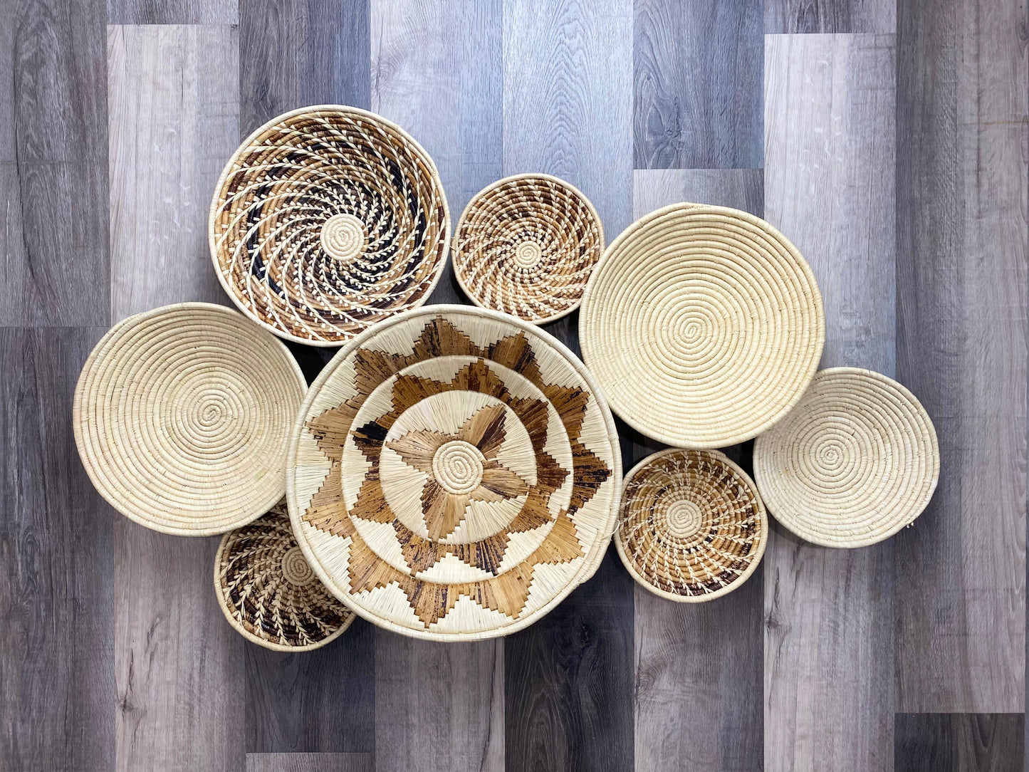 Moon’s Assorted Set of 8 African Baskets 7.5”-16” Wall Baskets Set, Wall hanging decor, African wall basket, Boho wall art