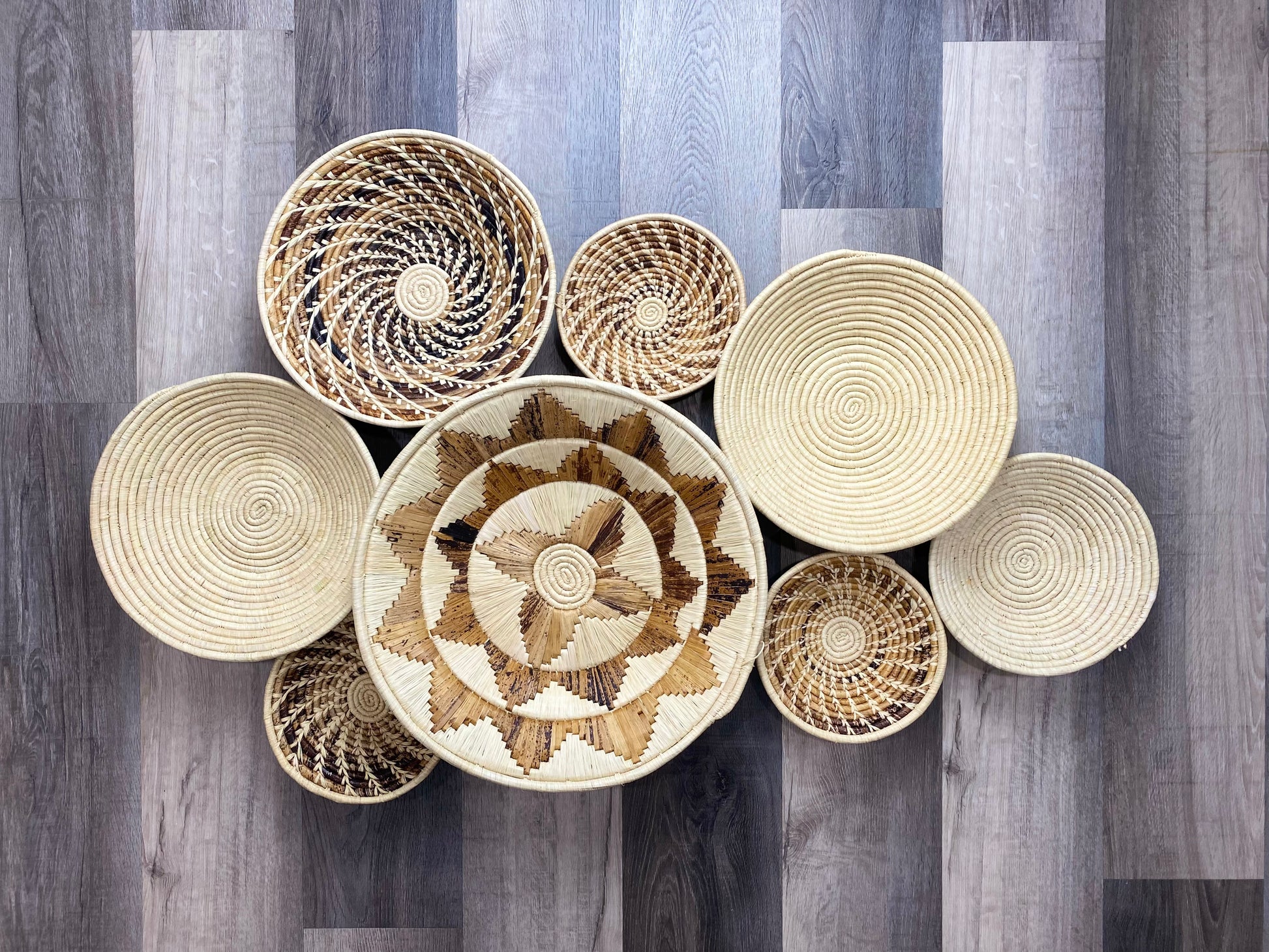 Moon’s Assorted Set of 8 African Baskets 7.5”-16” Wall Baskets Set, Wall hanging decor, African wall basket, Boho wall art