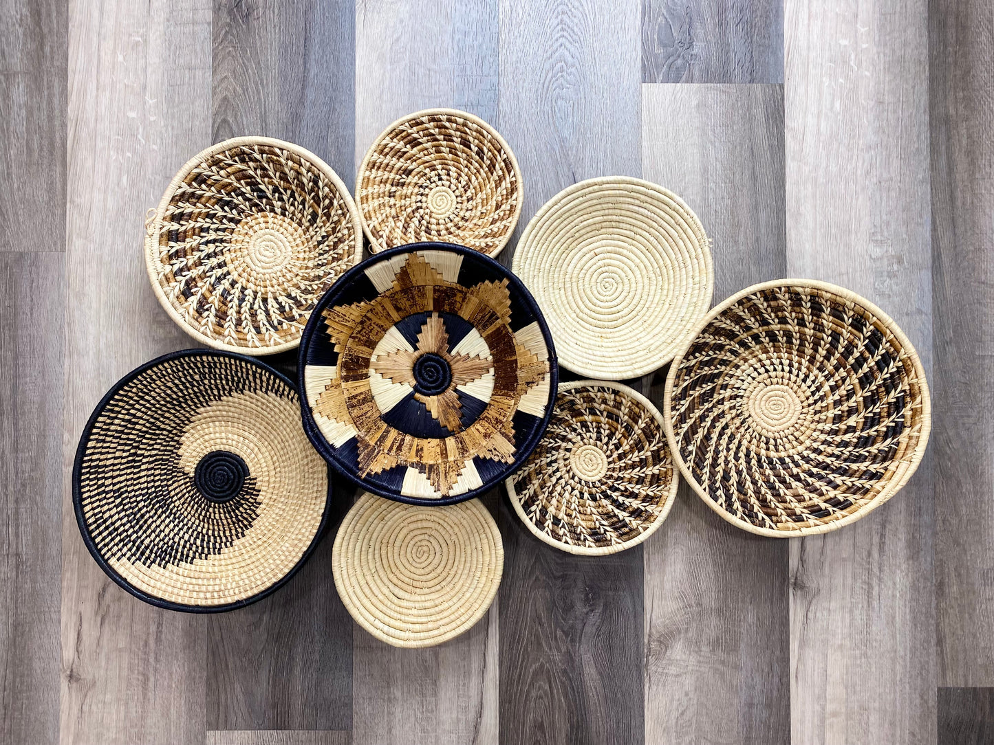 Moon’s Assorted Set of 8 African Baskets 7.5”-12” Wall Baskets Set, Wall hanging decor, African wall basket, Boho wall art