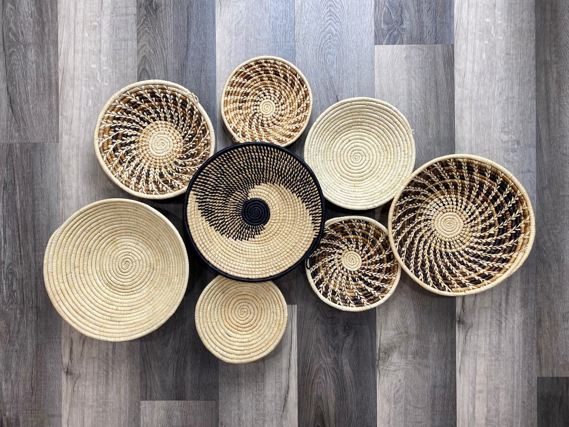 Moon’s Assorted Set of 8 African Baskets 7.5”-12” Wall Baskets Set, Wall hanging decor, African wall basket, Boho wall art