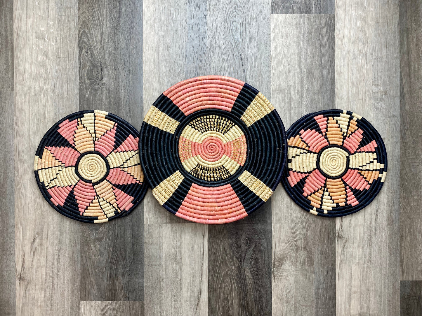 Moon’s Blush Pink Set of three Woven Wall Basket 12”-16”, African Baskets Wall Decor, Hand Woven Wall Baskets, Boho Wall Art, Christmas Wicker Wall baskets