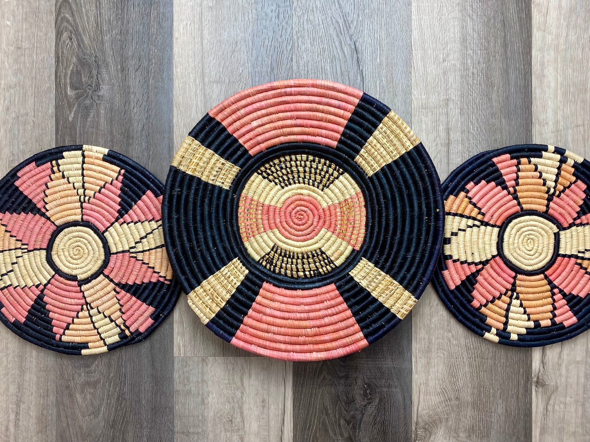 Moon’s Blush Pink Set of three Woven Wall Basket 12”-16”, African Baskets Wall Decor, Hand Woven Wall Baskets, Boho Wall Art, Christmas Wicker Wall baskets 1