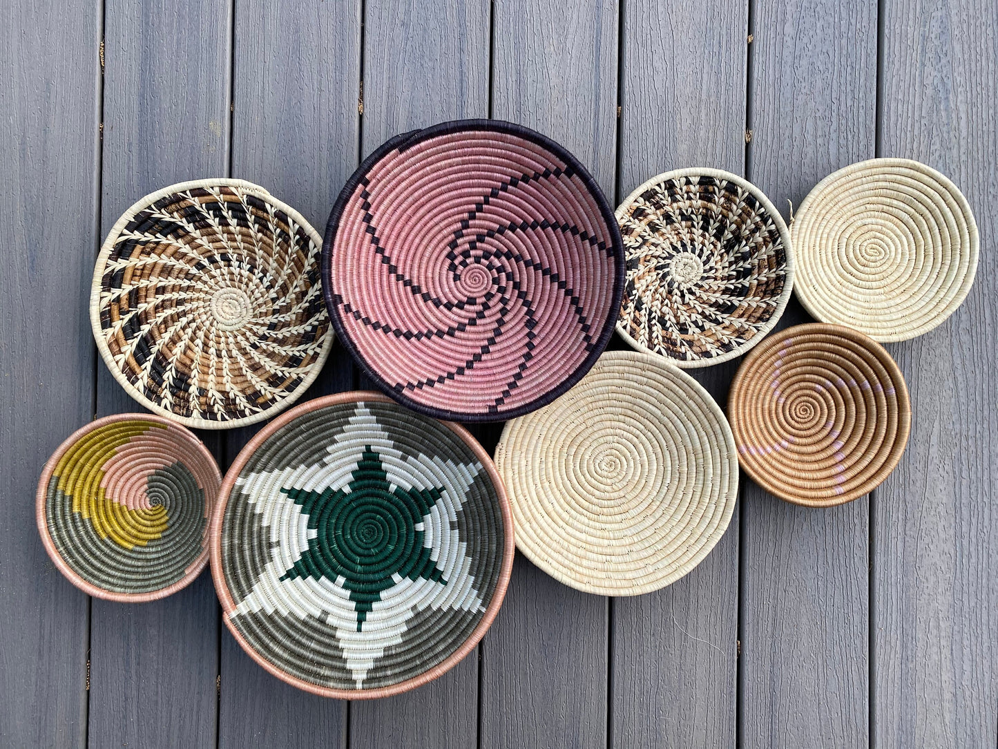 Moon’s Unique Set of 8 African Baskets 7.5”-12” Wall Baskets Set, Wall hanging decor, African wall basket, Boho wall art 075