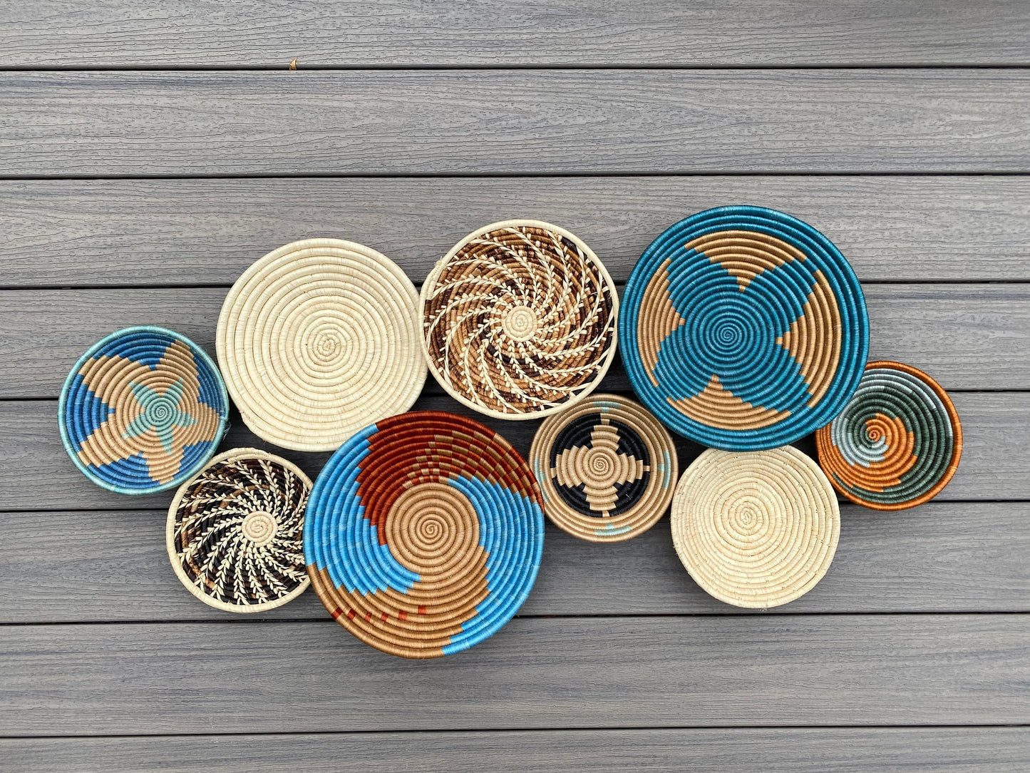 Moon’s Assorted Set of 9 African Baskets 7.5”-12” Wall Baskets Set, Wall hanging decor, African wall basket, Boho wall art 034