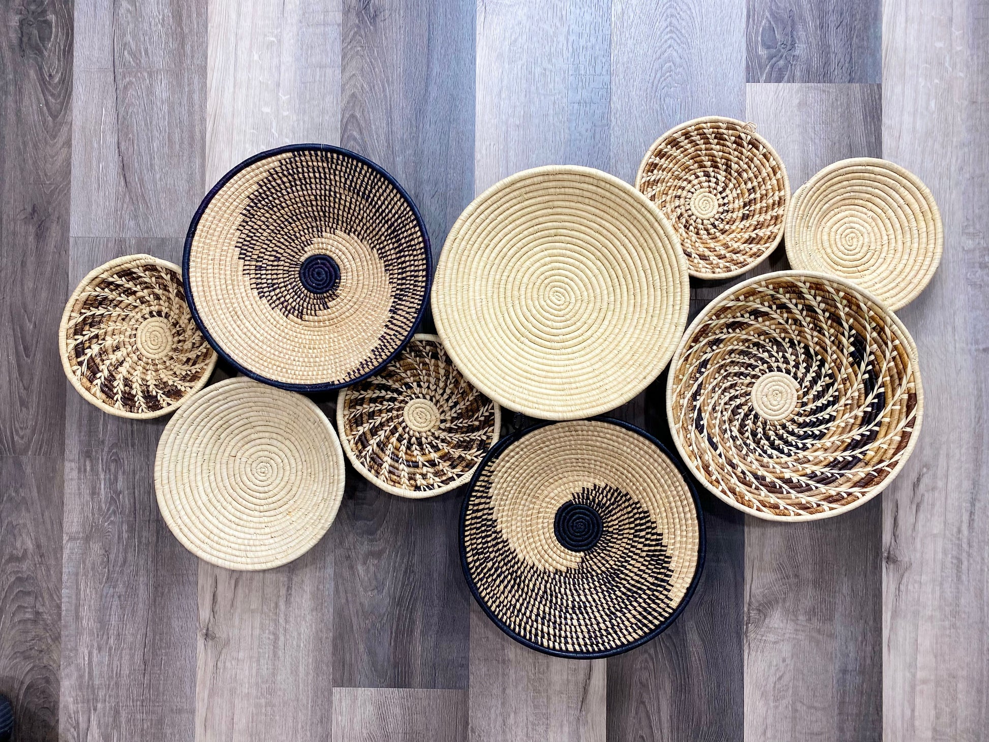 Moon’s Assorted Set of 9 African Baskets 7.5”-16” Wall Baskets Set, Wall hanging decor, African wall basket, Boho wall art